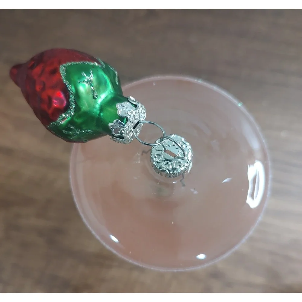 Pink Glittery Clear Frosted Glass Martini Ornament Strawberry Garnish A10